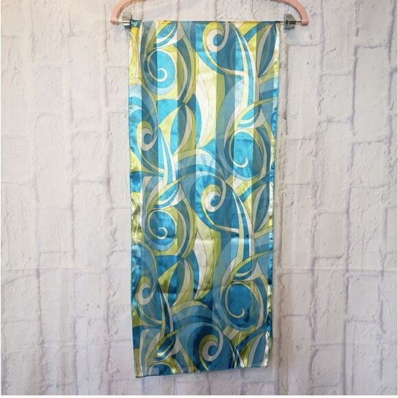 VINTAGE RETRO GROOVY Semi-Sheer Scarf Blue Lime Yellow - Picture 1 of 4